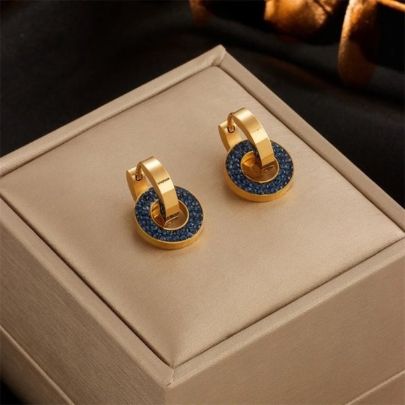 18k Gold Plated Blue Rhinestone Hoop Earrings - Picture 4 of 6